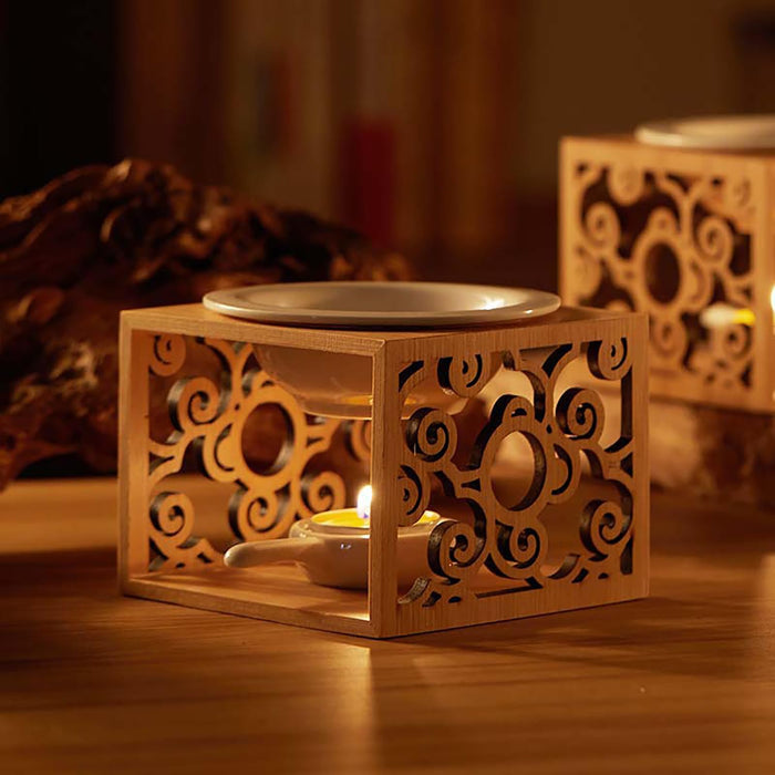 Ceramic Essential Oil Diffuser, Hollowing Floral Tea Light Holder with Natural Bamboo Wood Base