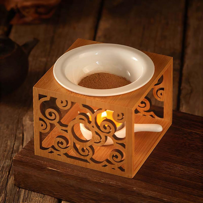 Ceramic Essential Oil Diffuser, Hollowing Floral Tea Light Holder with Natural Bamboo Wood Base