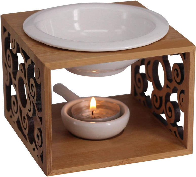 Ceramic Essential Oil Diffuser, Hollowing Floral Tea Light Holder with Natural Bamboo Wood Base