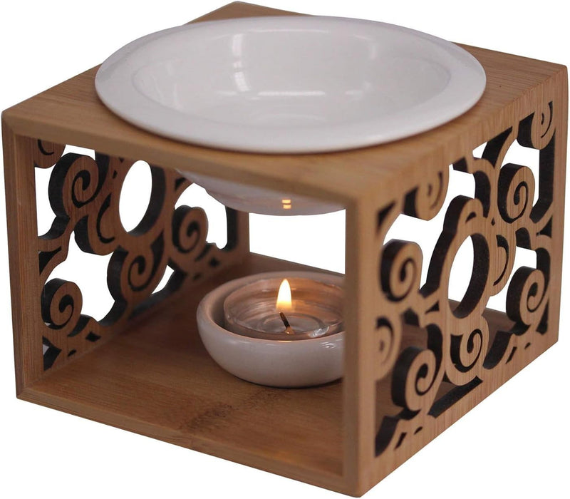 Ceramic Essential Oil Diffuser, Hollowing Floral Tea Light Holder with Natural Bamboo Wood Base