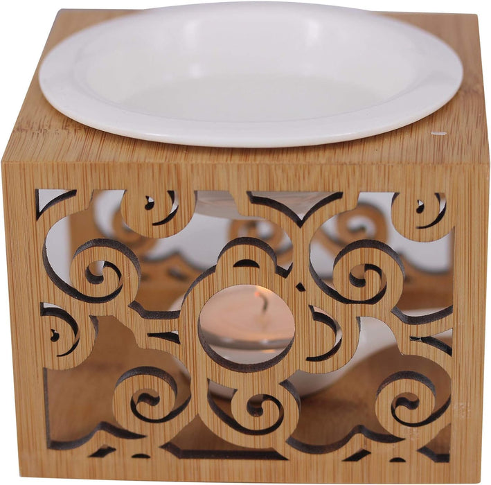 Ceramic Essential Oil Diffuser, Hollowing Floral Tea Light Holder with Natural Bamboo Wood Base